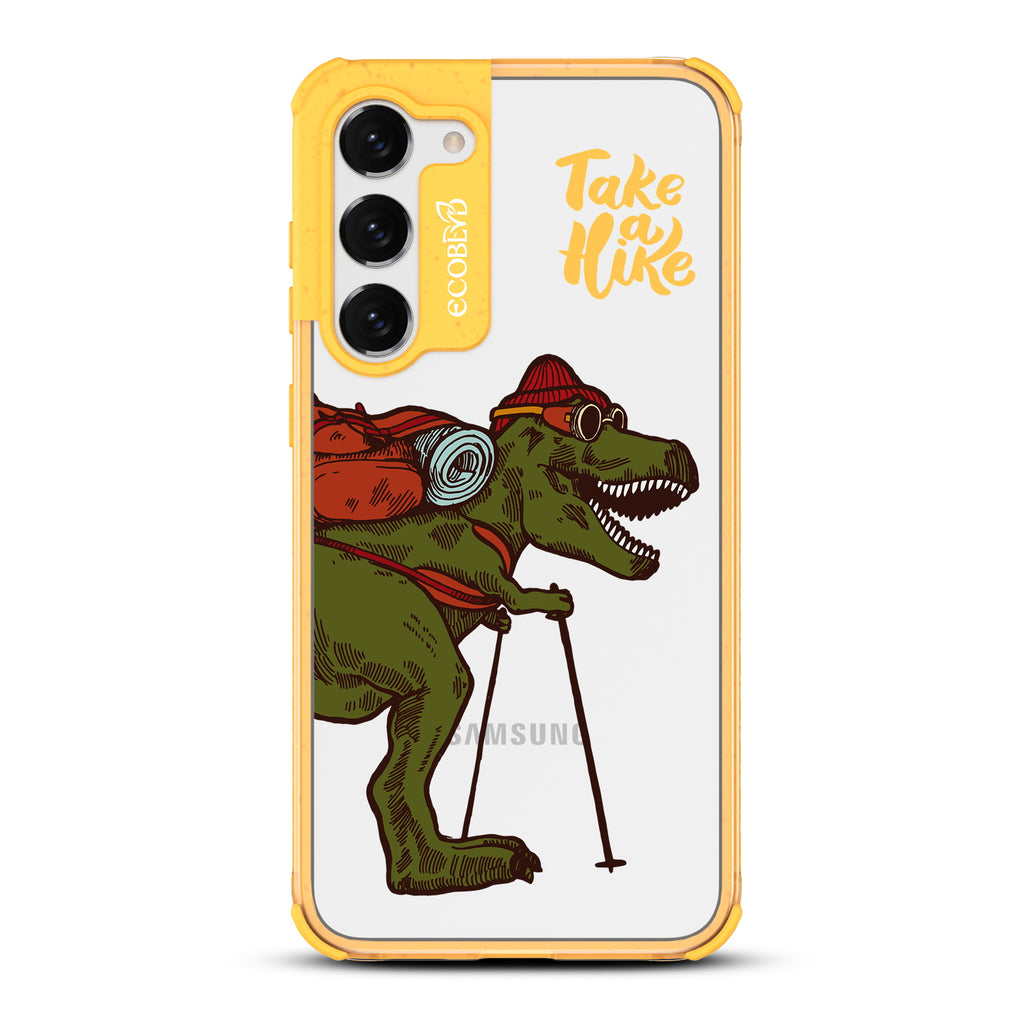 Take A Hike - Yellow Eco-Friendly Galaxy S23 Plus Case With A Trail-Ready T-Rex And Text Saying Take A Hike On A Clear Back