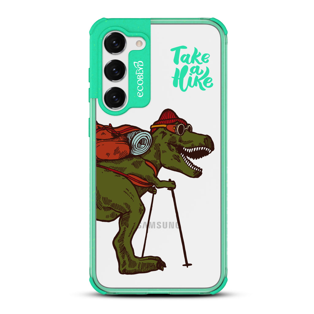 Take A Hike - Green Eco-Friendly Galaxy S23 Case With A Trail-Ready T-Rex And Text Saying Take A Hike On A Clear Back