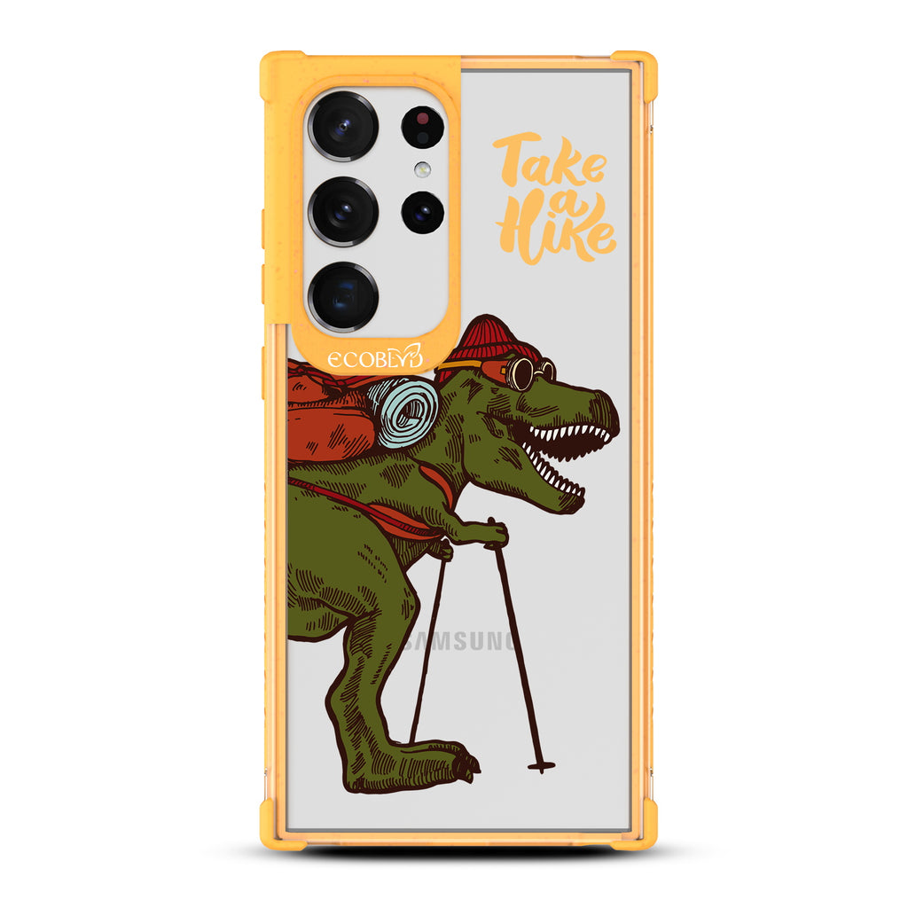 Take A Hike - Yellow Eco-Friendly Galaxy S23 Ultra Case With A Trail-Ready T-Rex And Text Saying Take A Hike On A Clear Back