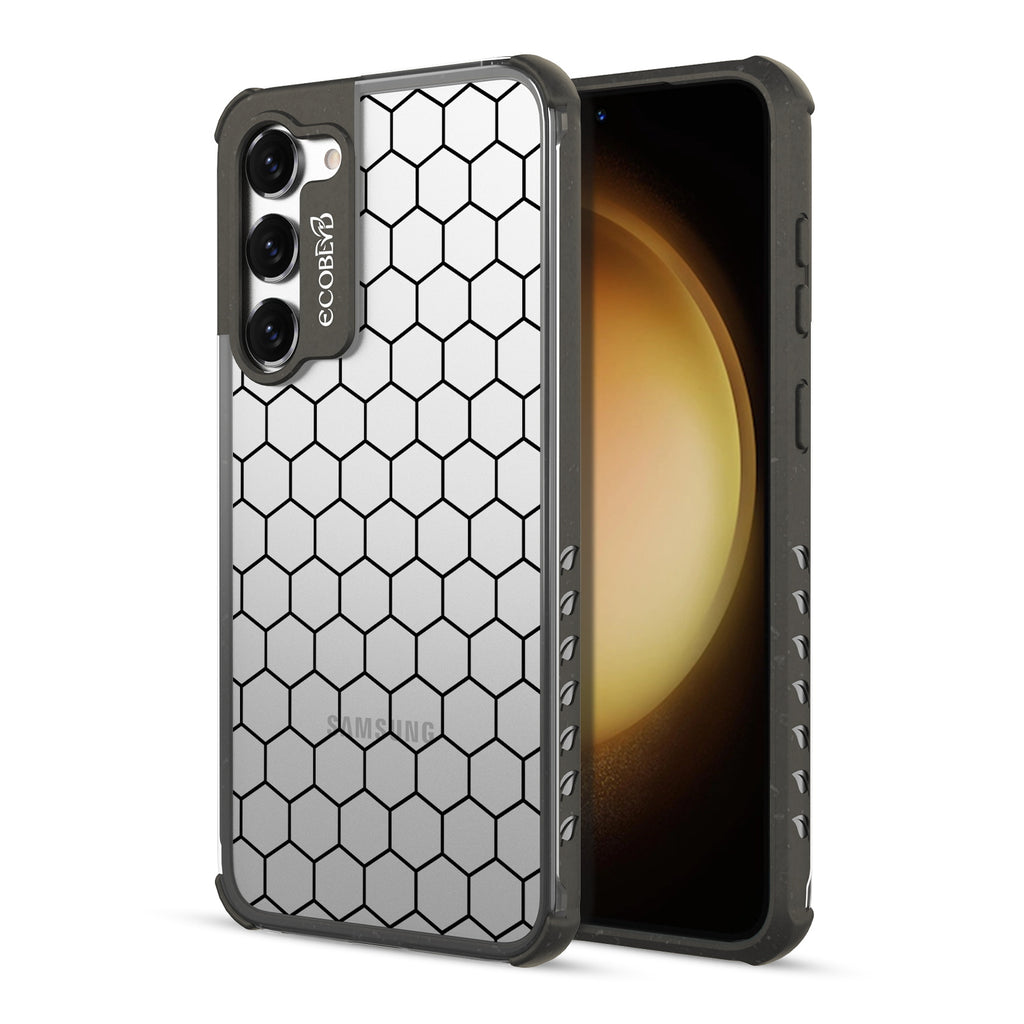 Honeycomb - Back View Of Black & Clear Eco-Friendly Galaxy S23 Plus Case & A Front View Of The Screen