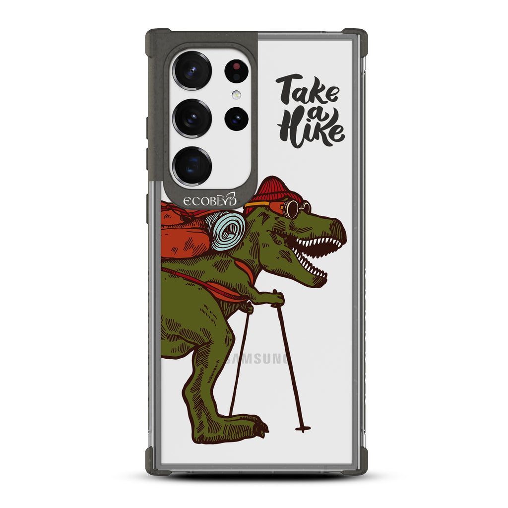  Take A Hike - Black Eco-Friendly Galaxy S23 Ultra Case With A Trail-Ready T-Rex And Text Saying Take A Hike On A Clear Back