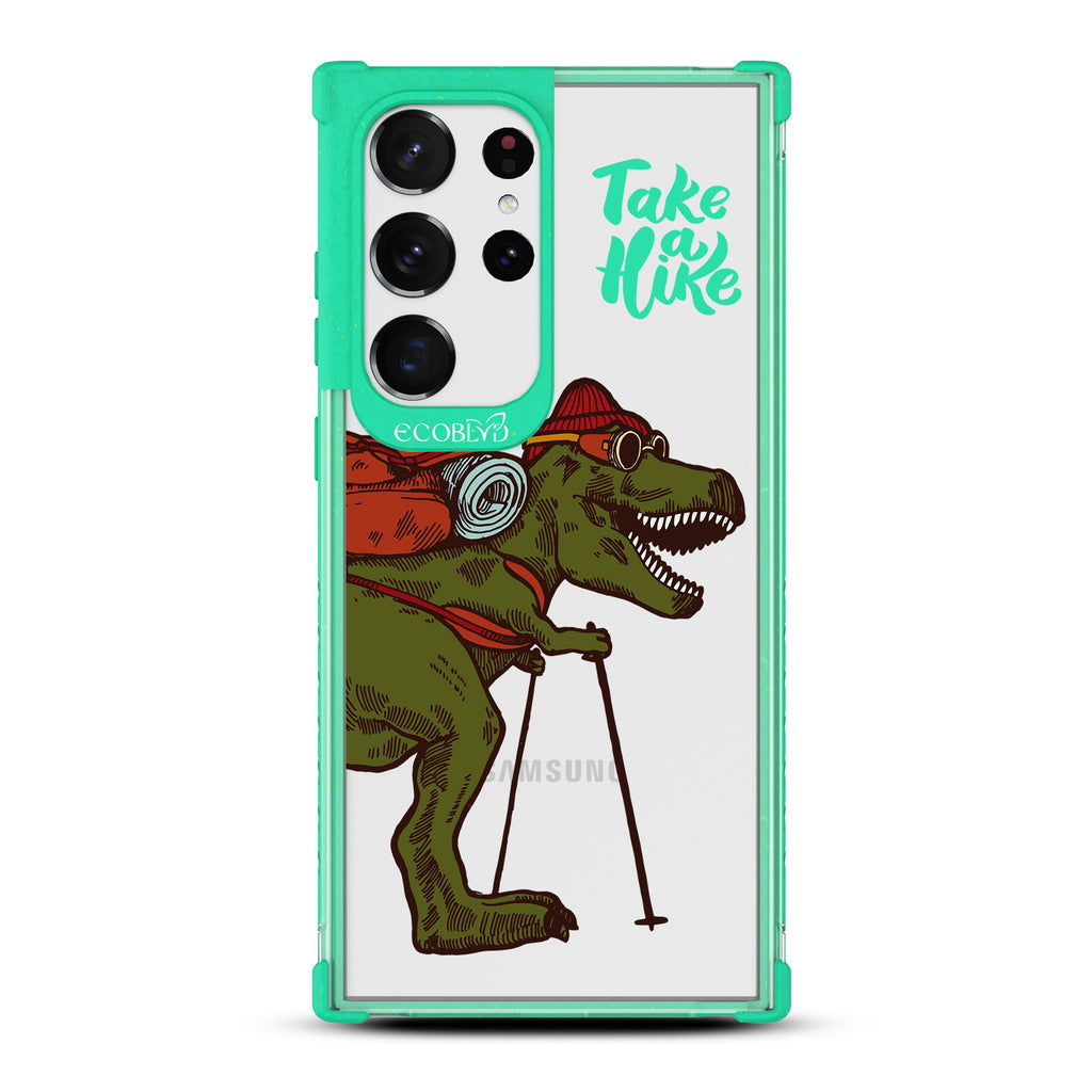  Take A Hike - Green Eco-Friendly Galaxy S23 Ultra Case With A Trail-Ready T-Rex And Text Saying Take A Hike On A Clear Back