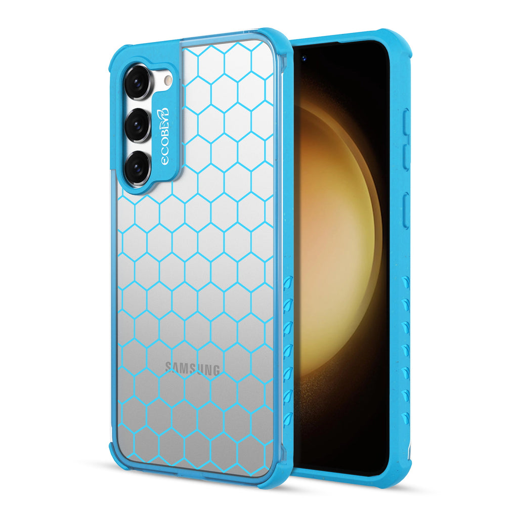 Honeycomb - Back View Of Blue & Clear Eco-Friendly Galaxy S23 Plus Case & A Front View Of The Screen
