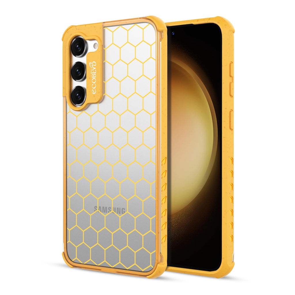Honeycomb - Back View Of Yellow & Clear Eco-Friendly Galaxy S23 Plus Case & A Front View Of The Screen