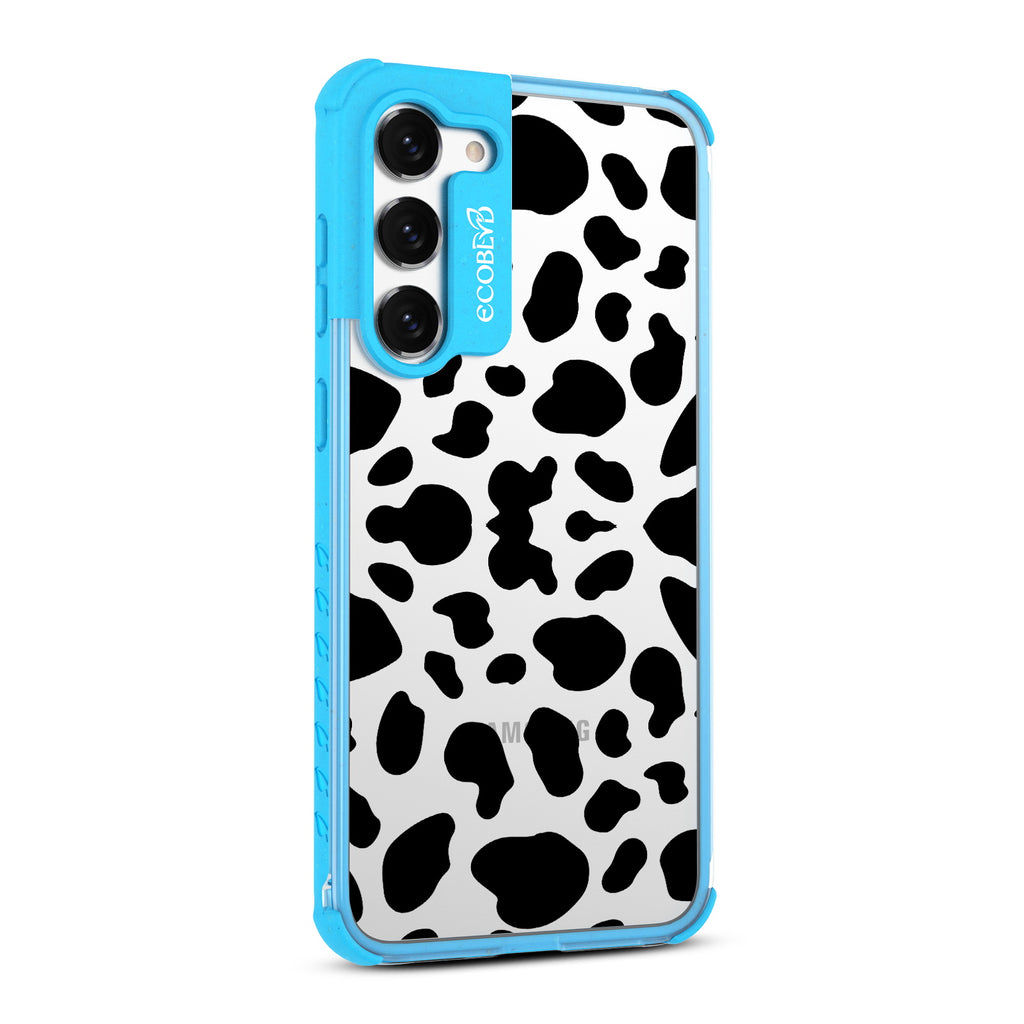 Cow Print - Left-side View Of Blue & Clear Eco-Friendly Galaxy S23 Plus Case