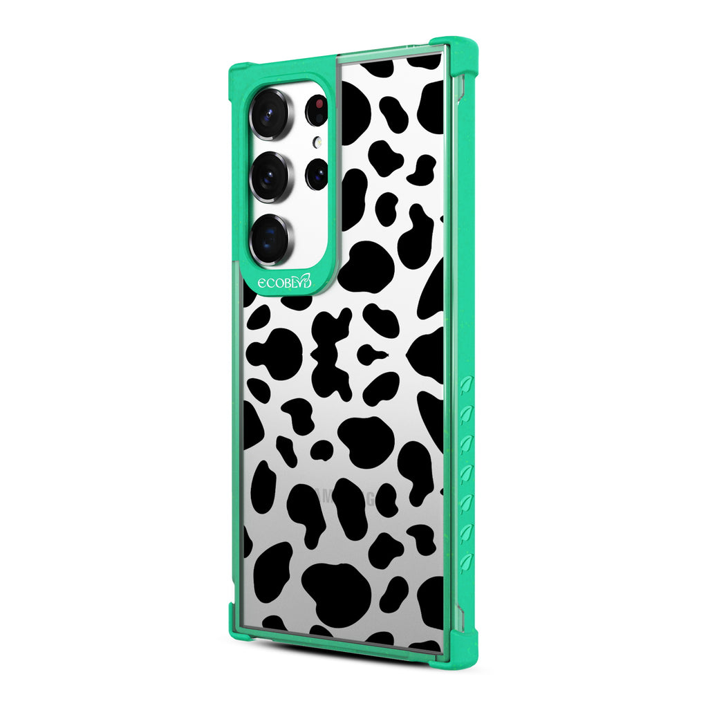 Cow Print - Right-side View Of Green & Clear Eco-Friendly Galaxy S23 Ultra Case