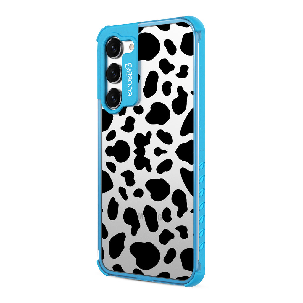 Cow Print - Right-side View Of Blue & Clear Eco-Friendly Galaxy S23 Case