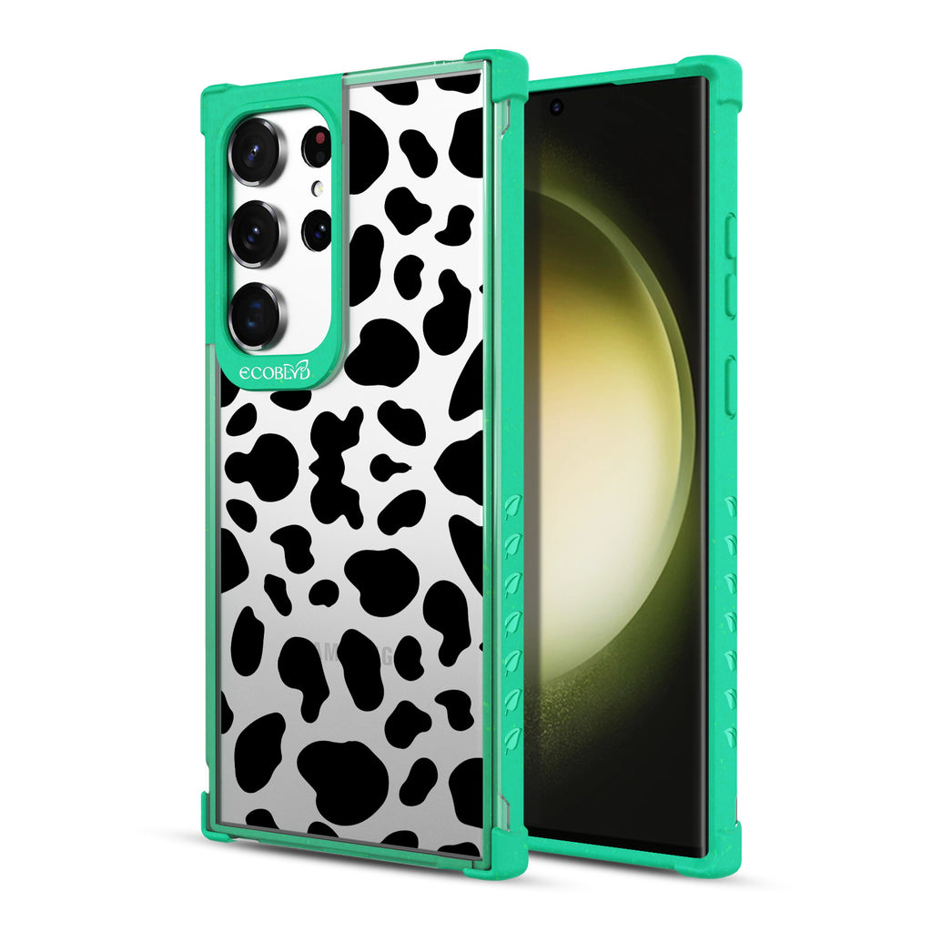 Cow Print - Back View Of Green & Clear Eco-Friendly Galaxy S23 Ultra Case & A Front View Of The Screen