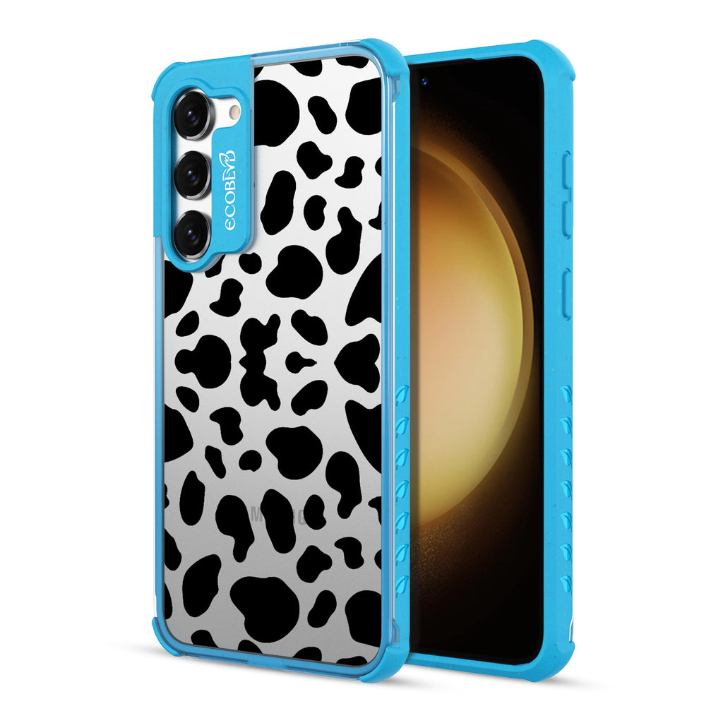Cow Print - Back View Of Blue & Clear Eco-Friendly Galaxy S23 Plus Case & A Front View Of The Screen