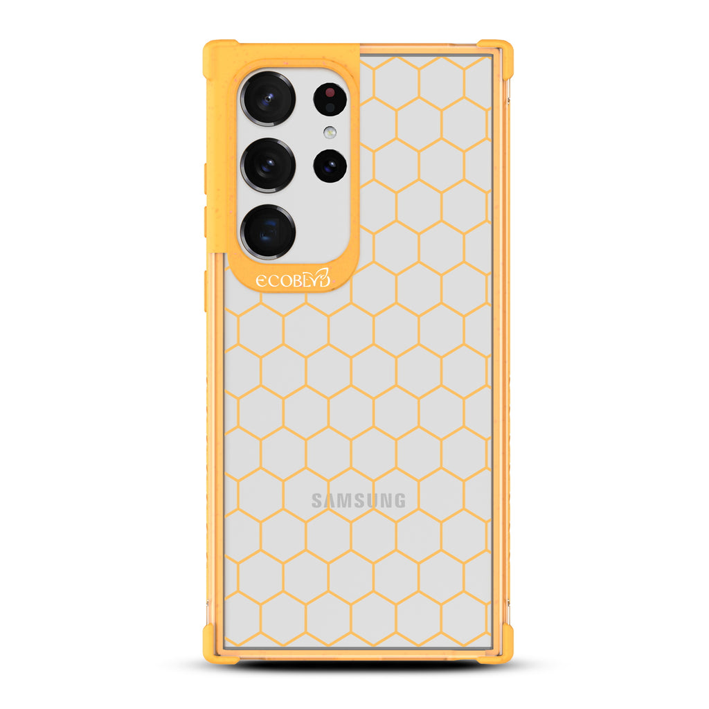 Honeycomb - Yellow Eco-Friendly Galaxy S23 Ultra Case With A Geometric Honeycomb Pattern On A Clear Back
