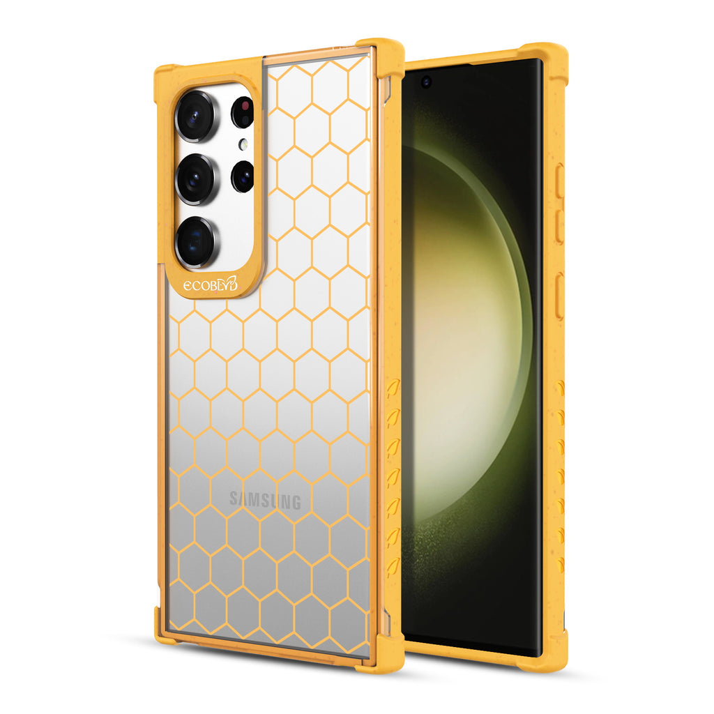 Honeycomb - Back View Of Yellow & Clear Eco-Friendly Galaxy S23 Ultra Case & A Front View Of The Screen