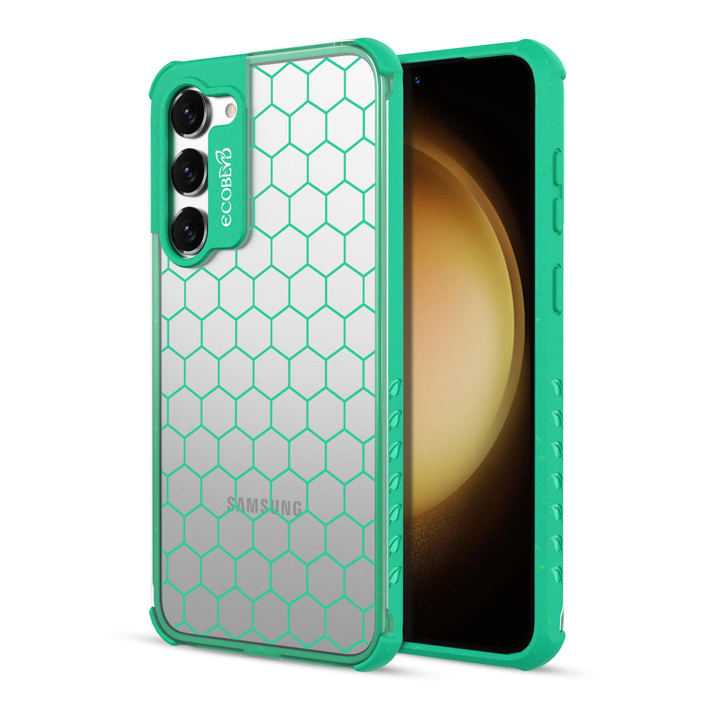 Honeycomb - Back View Of Green & Clear Eco-Friendly Galaxy S23 Case & A Front View Of The Screen