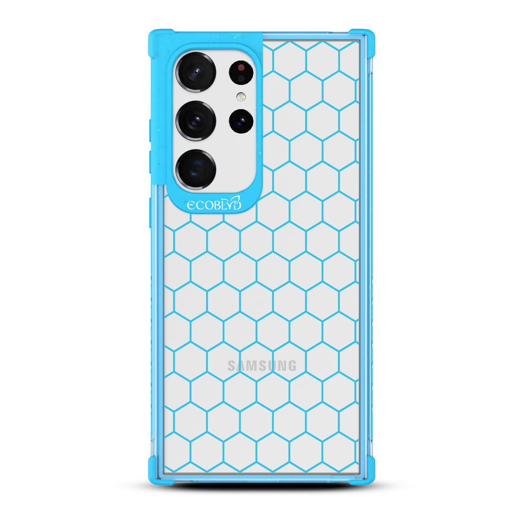 Honeycomb - Blue Eco-Friendly Galaxy S23 Ultra Case With A Geometric Honeycomb Pattern On A Clear Back