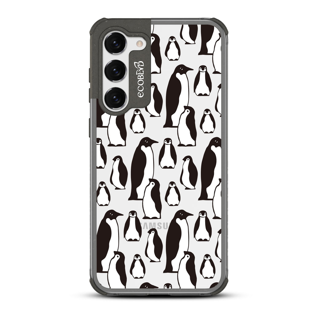 Penguins - Black Eco-Friendly Galaxy S23 Case With A Group Of Marching Penguins On A Clear Back
