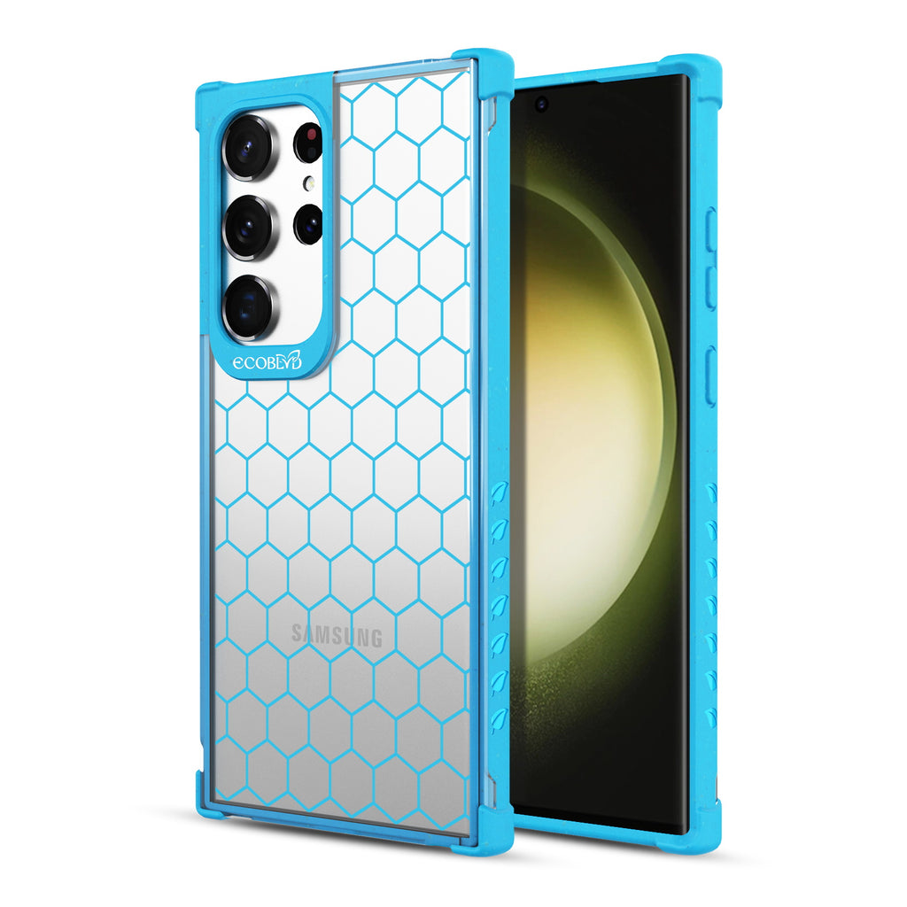 Honeycomb - Back View Of Blue & Clear Eco-Friendly Galaxy S23 Ultra Case & A Front View Of The Screen