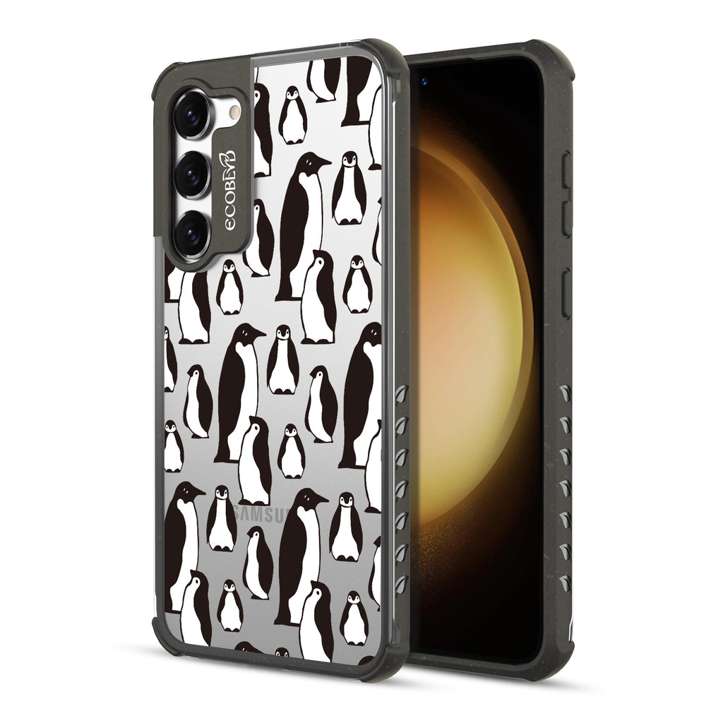 Penguins - Back View Of Black & Clear Eco-Friendly Galaxy S23 Case & A Front View Of The Screen
