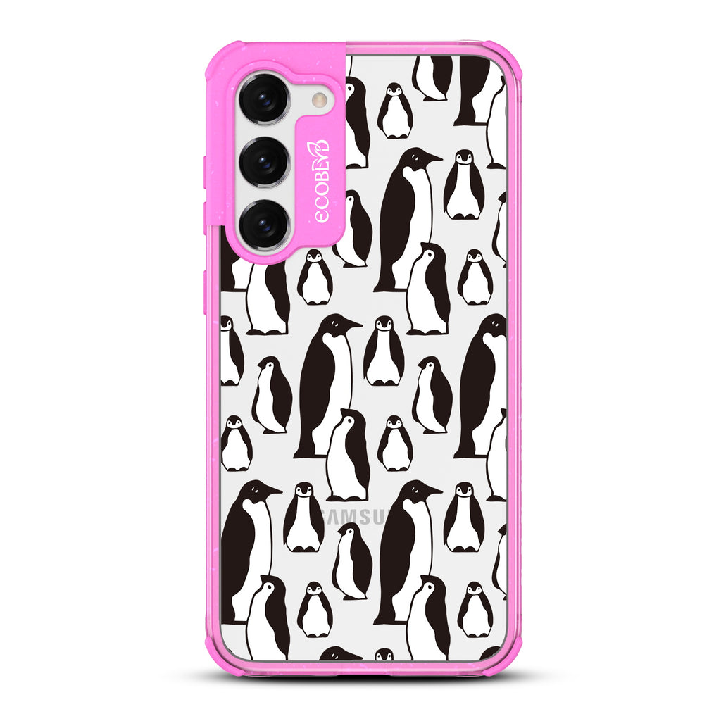 Penguins - Pink Eco-Friendly Galaxy S23 Case With A Group Of Marching Penguins On A Clear Back