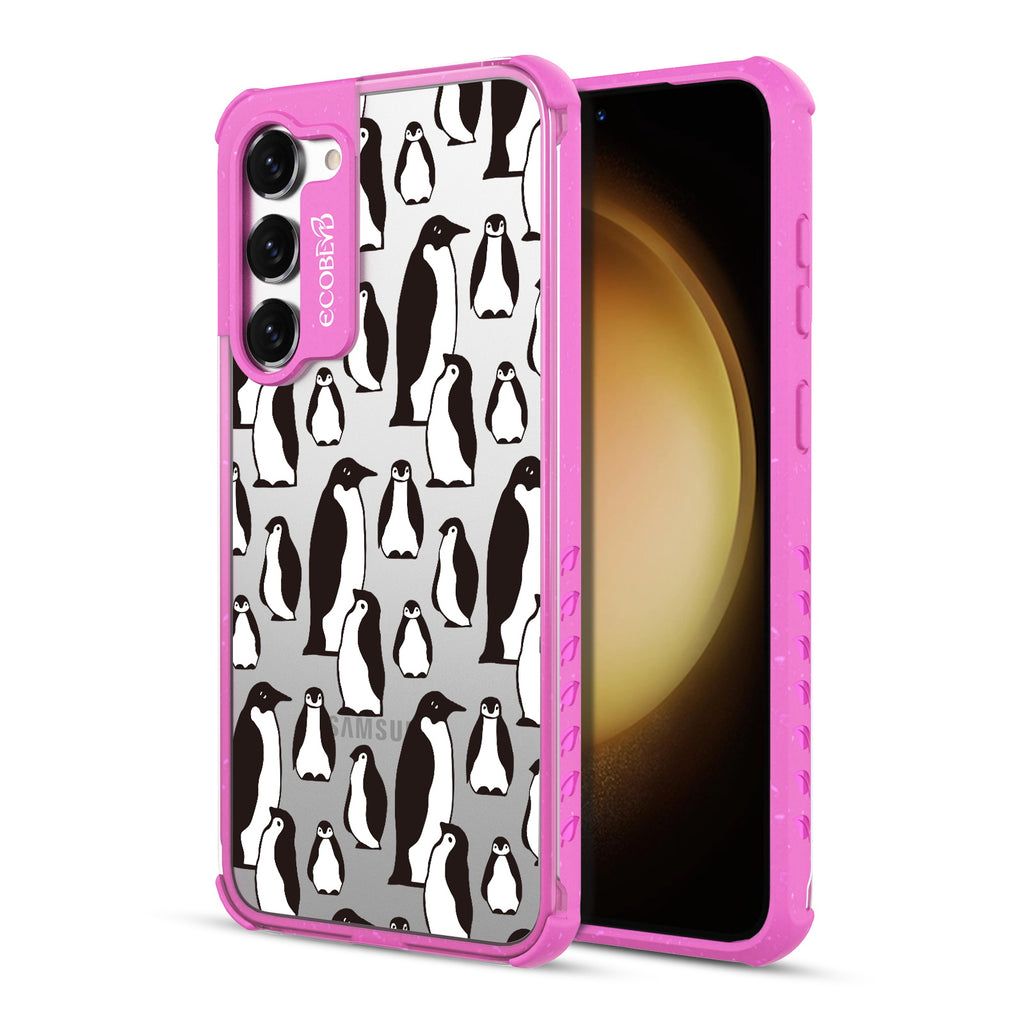 Penguins - Back View Of Pink & Clear Eco-Friendly Galaxy S23 Case & A Front View Of The Screen
