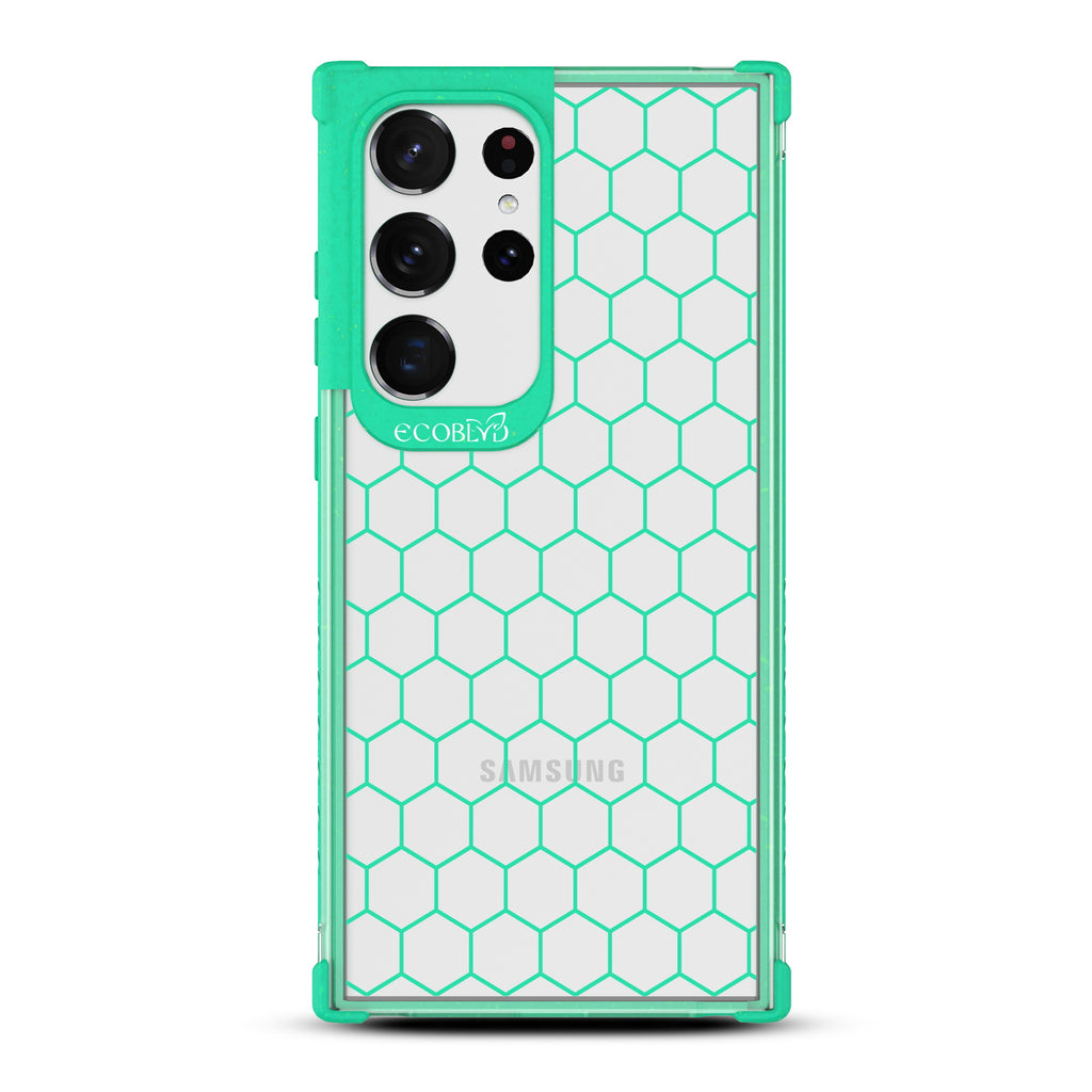Honeycomb - Green Eco-Friendly Galaxy S23 Ultra Case With A Geometric Honeycomb Pattern On A Clear Back