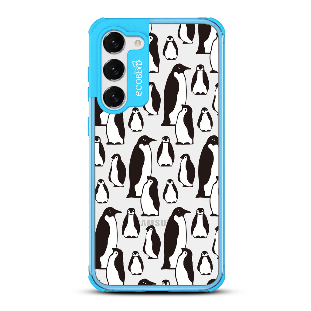 Penguins - Blue Eco-Friendly Galaxy S23 Case With A Group Of Marching Penguins On A Clear Back