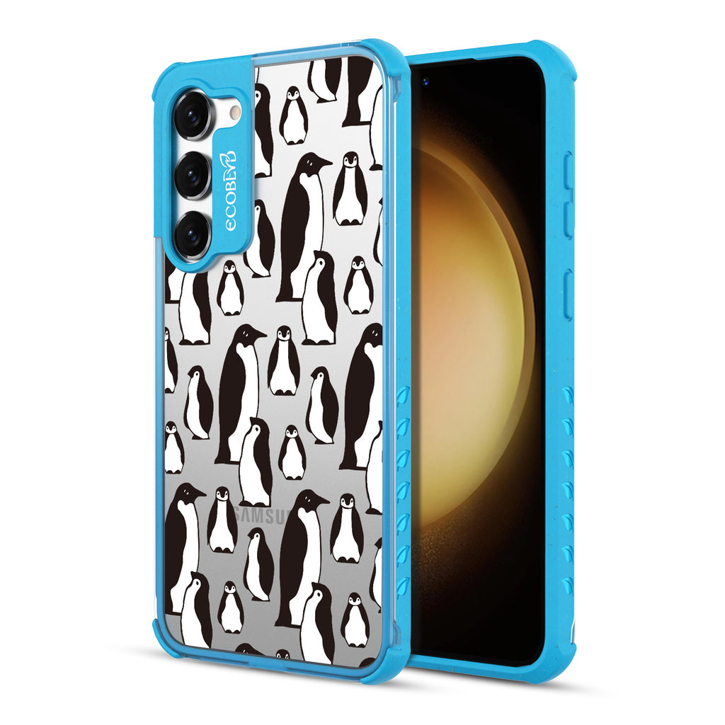 Penguins - Back View Of Blue & Clear Eco-Friendly Galaxy S23 Case & A Front View Of The Screen