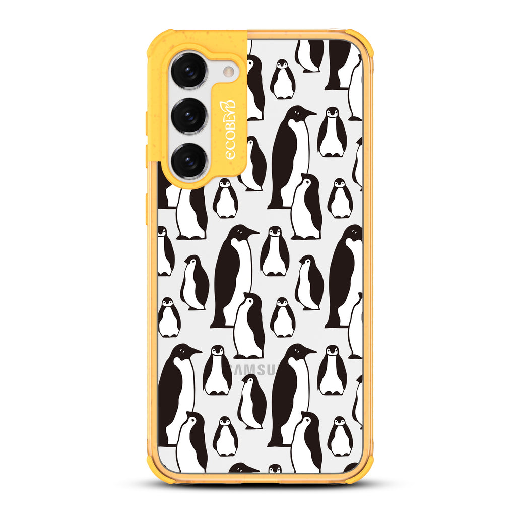 Penguins - Yellow Eco-Friendly Galaxy S23 Plus Case With A Group Of Marching Penguins On A Clear Back