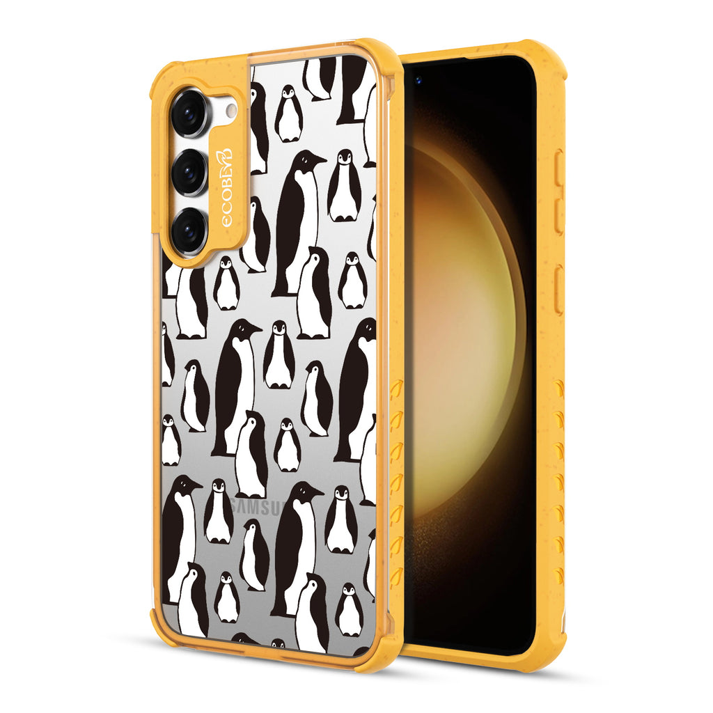 Penguins - Back View Of Yellow & Clear Eco-Friendly Galaxy S23 Case & A Front View Of The Screen