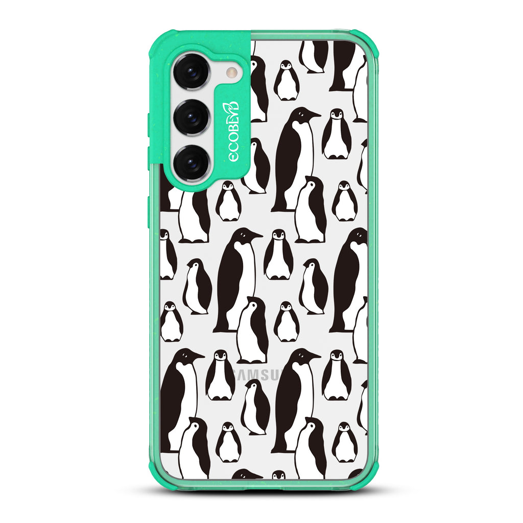Penguins - Green Eco-Friendly Galaxy S23 Case With A Group Of Marching Penguins On A Clear Back