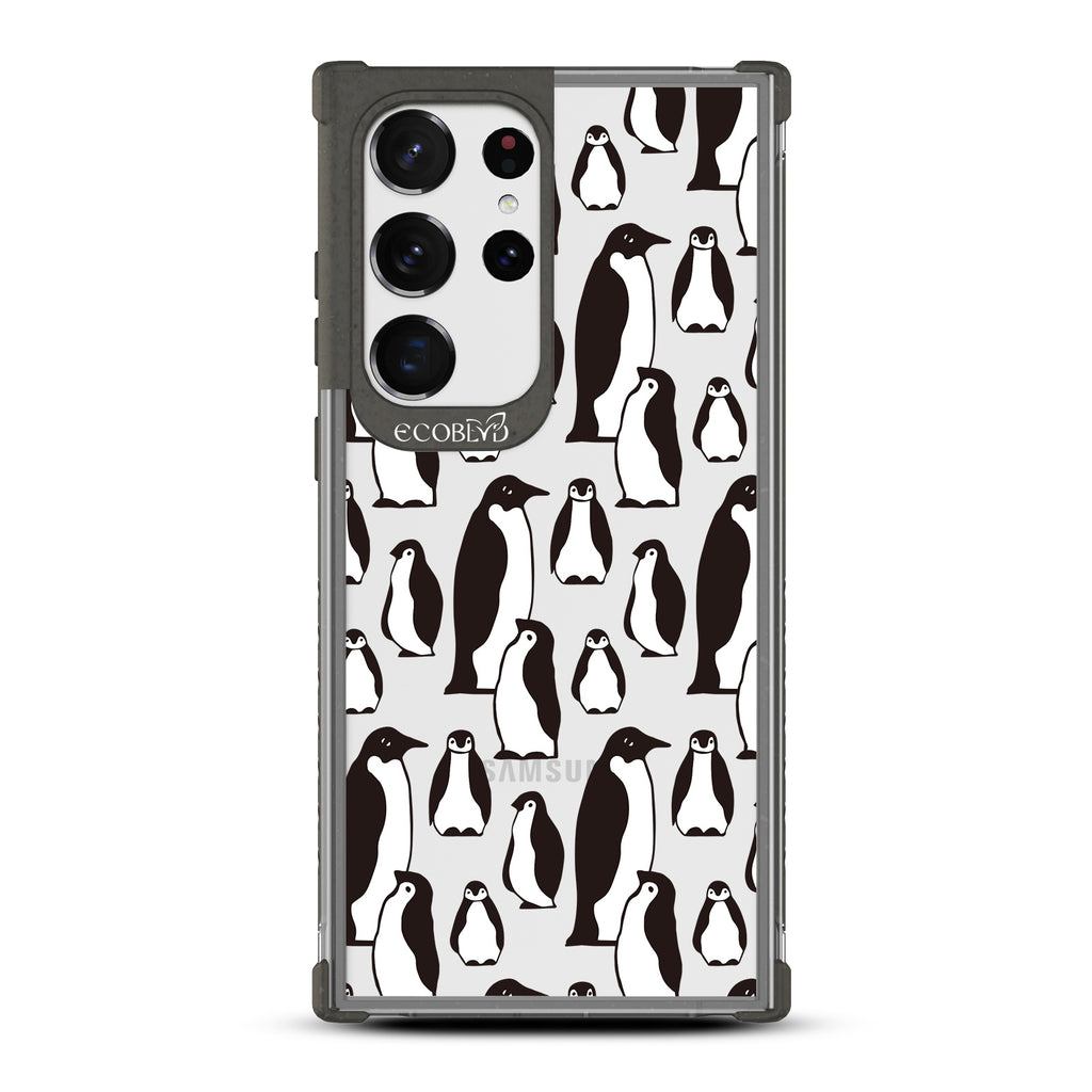 Penguins - Black Eco-Friendly Galaxy S23 Ultra Case With A Group Of Marching Penguins On A Clear Back