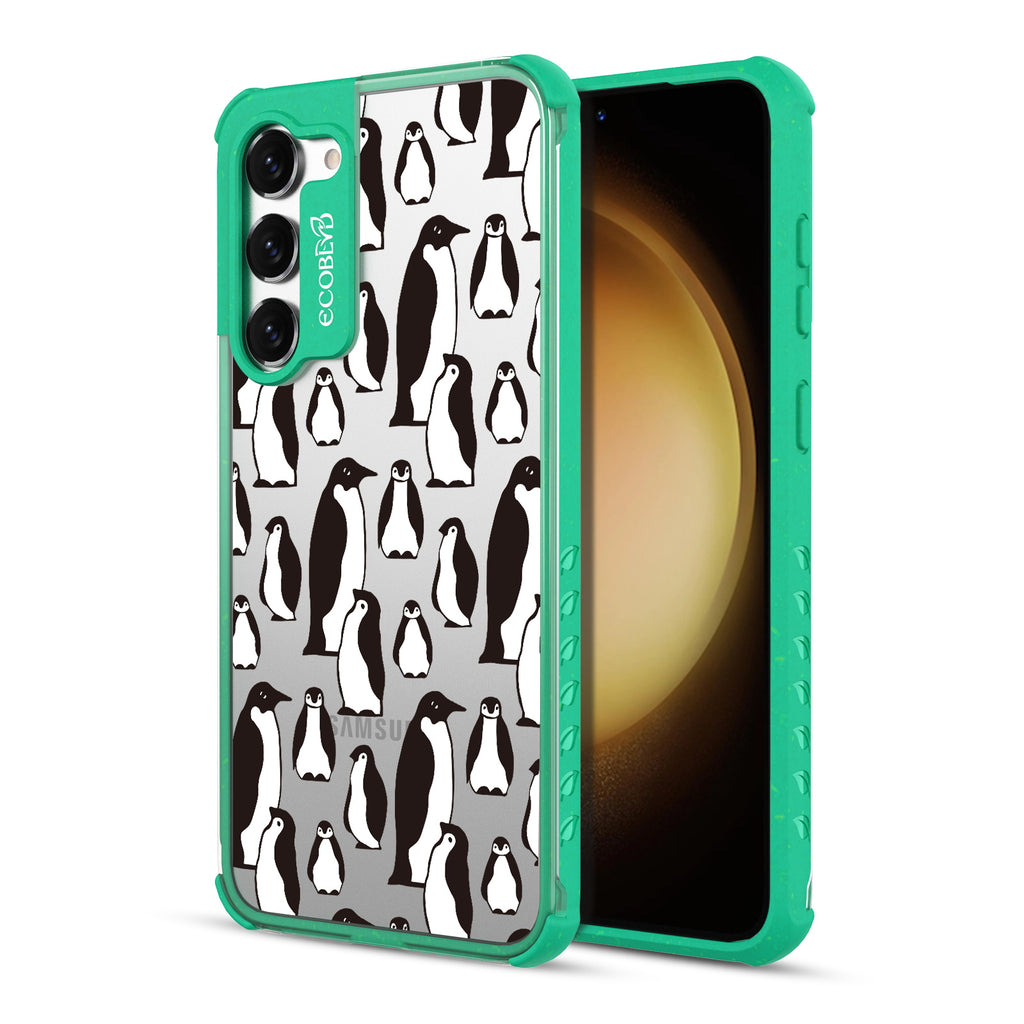 Penguins - Back View Of Green & Clear Eco-Friendly Galaxy S23 Case & A Front View Of The Screen