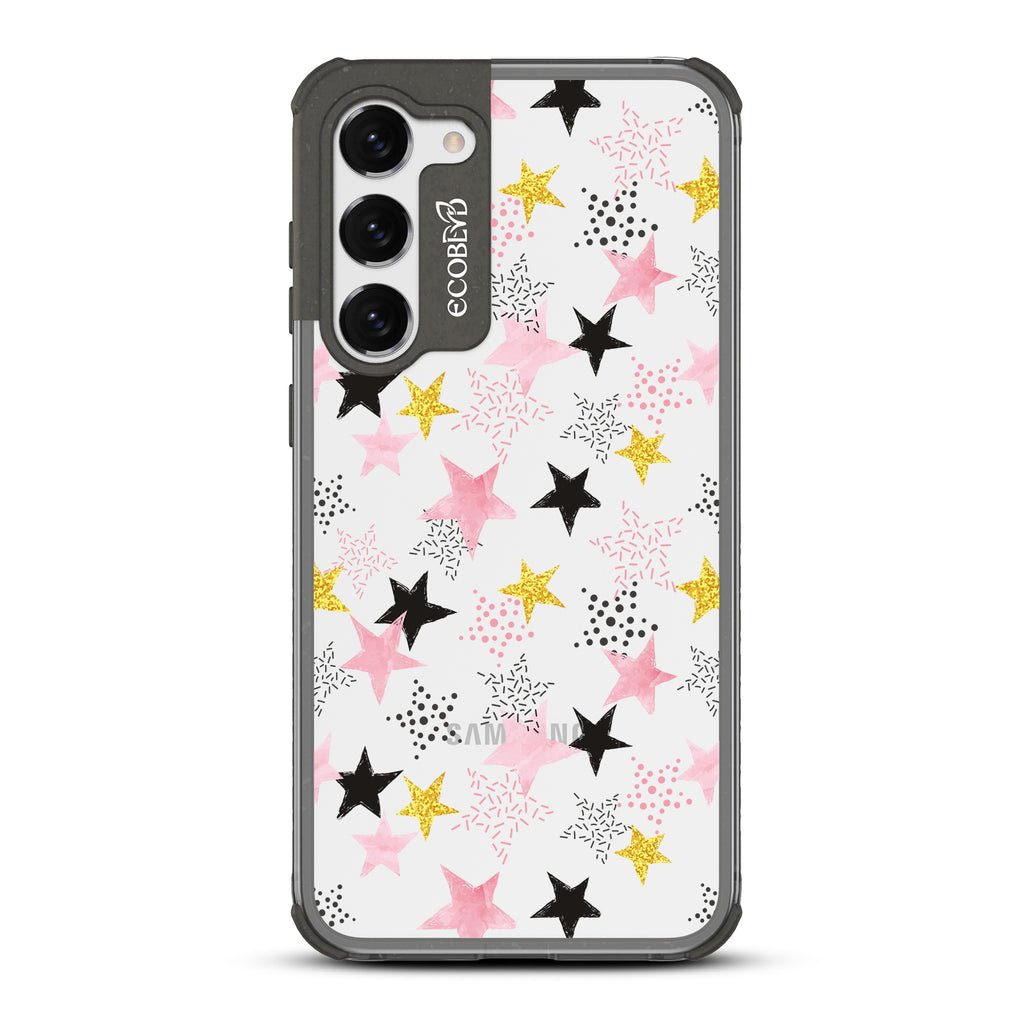 Champagne Supernova - Black Eco-Friendly Galaxy S23 Plus Case with Pink & Gold, White Stars and On A Clear Back
