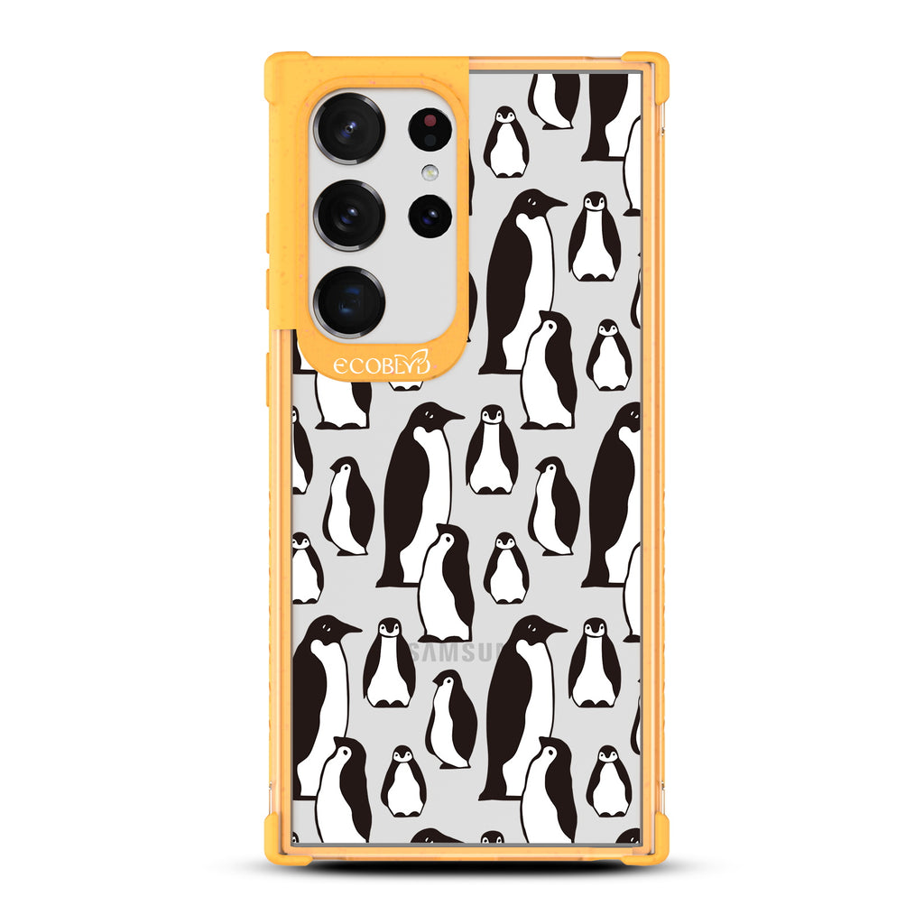 Penguins - Yellow Eco-Friendly Galaxy S23 Ultra Case With A Group Of Marching Penguins On A Clear Back