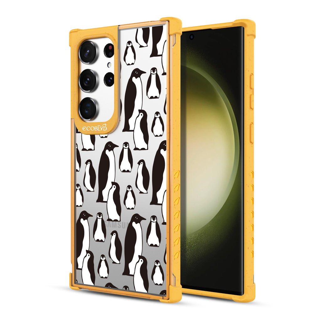 Penguins - Back View Of Yellow & Clear Eco-Friendly Galaxy S23 Ultra Case & A Front View Of The Screen