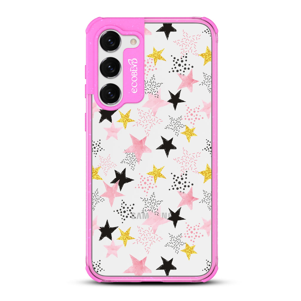 Champagne Supernova - Pink Eco-Friendly Galaxy S23 Case with Pink & Gold, White Stars and On A Clear Back