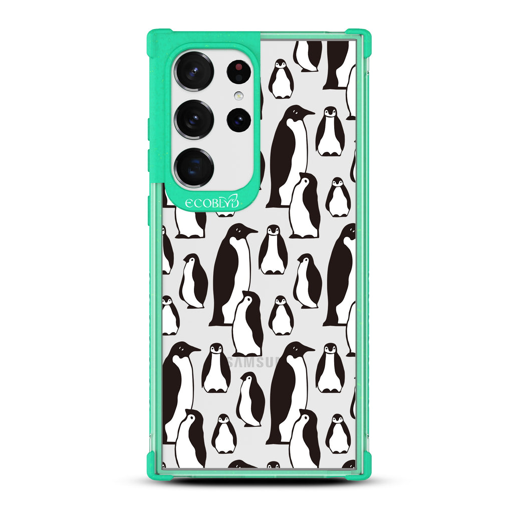 Penguins - Green Eco-Friendly Galaxy S23 Ultra Case With A Group Of Marching Penguins On A Clear Back