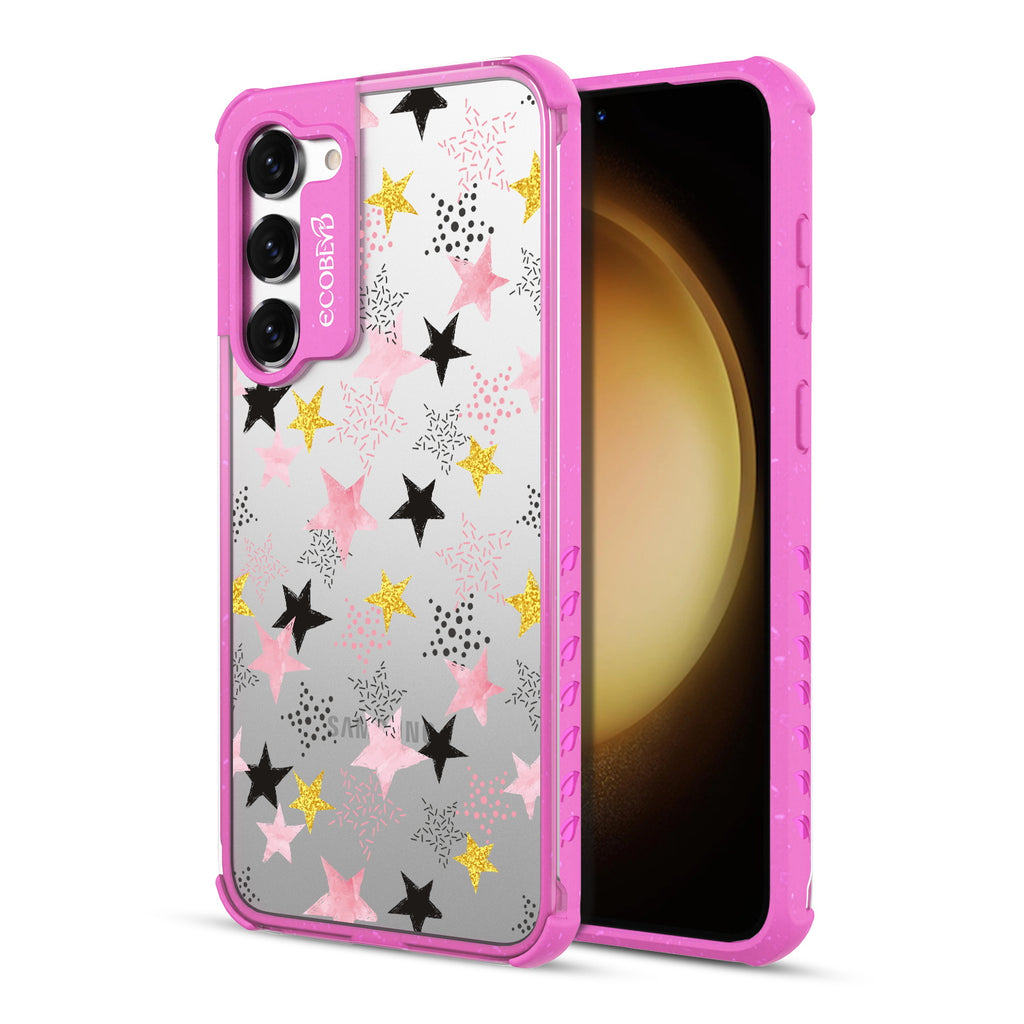 Champagne Supernova - Back View Of Pink & Clear Eco-Friendly Galaxy S23 Case & A Front View Of The Screen