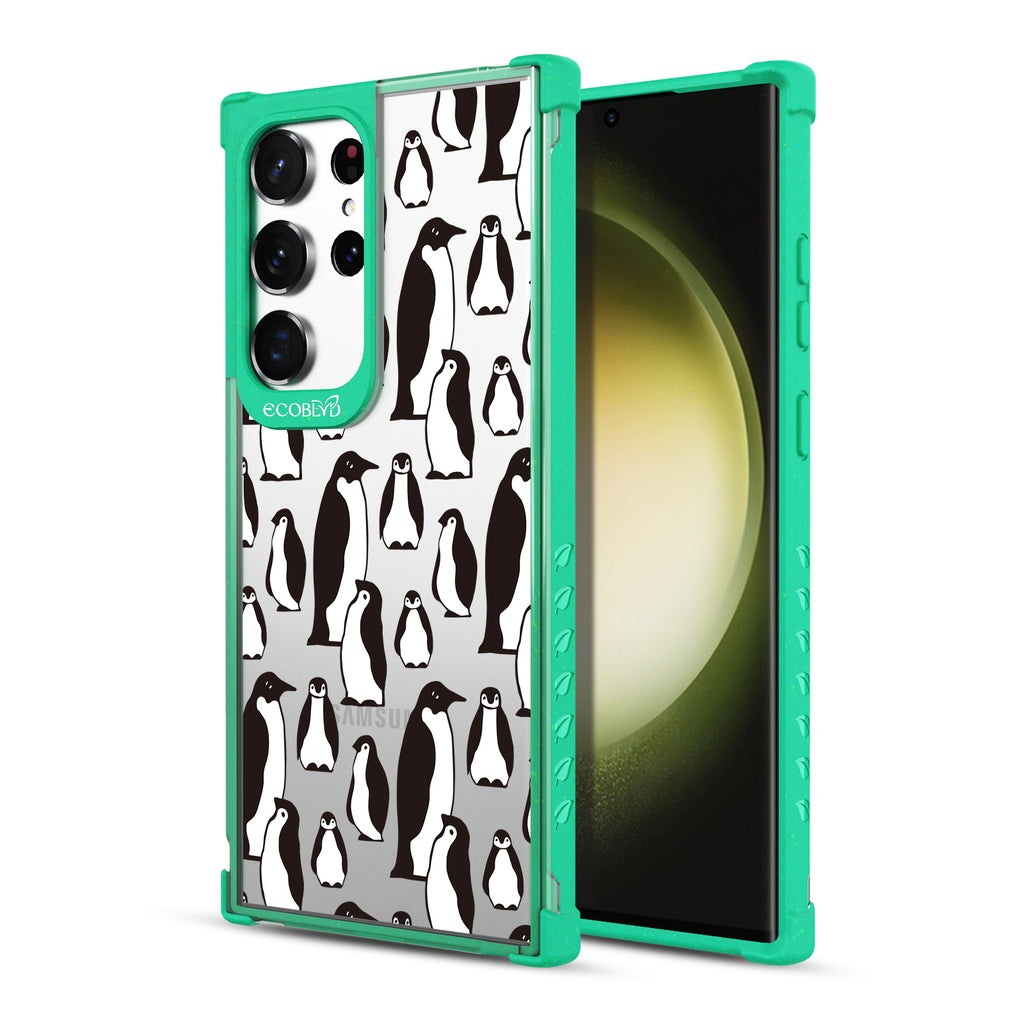 Penguins - Back View Of Green & Clear Eco-Friendly Galaxy S23 Ultra Case & A Front View Of The Screen
