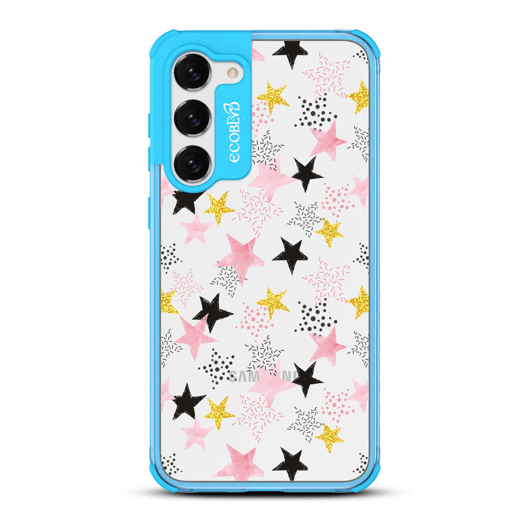 Champagne Supernova - Blue Eco-Friendly Galaxy S23 Case with Pink & Gold, White Stars and On A Clear Back