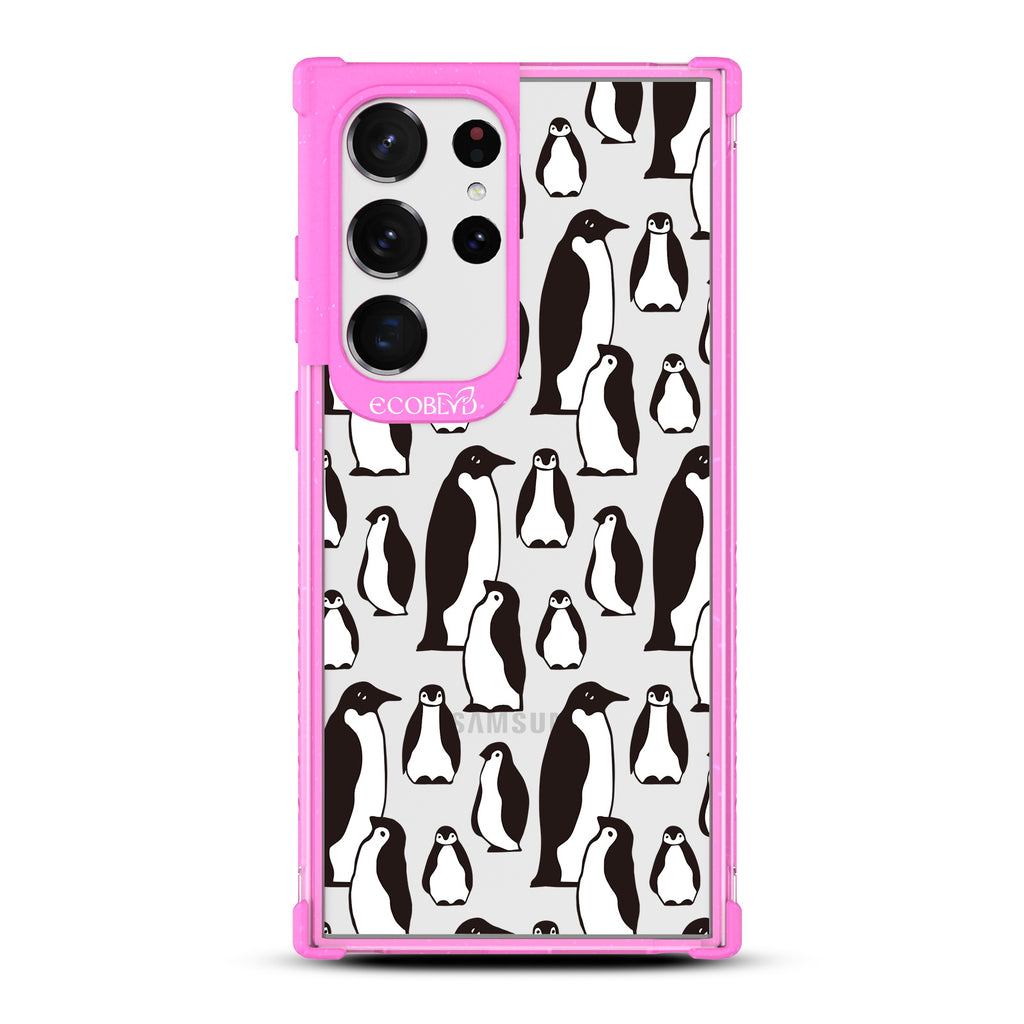 Penguins - Pink Eco-Friendly Galaxy S23 Ultra Case With A Group Of Marching Penguins On A Clear Back