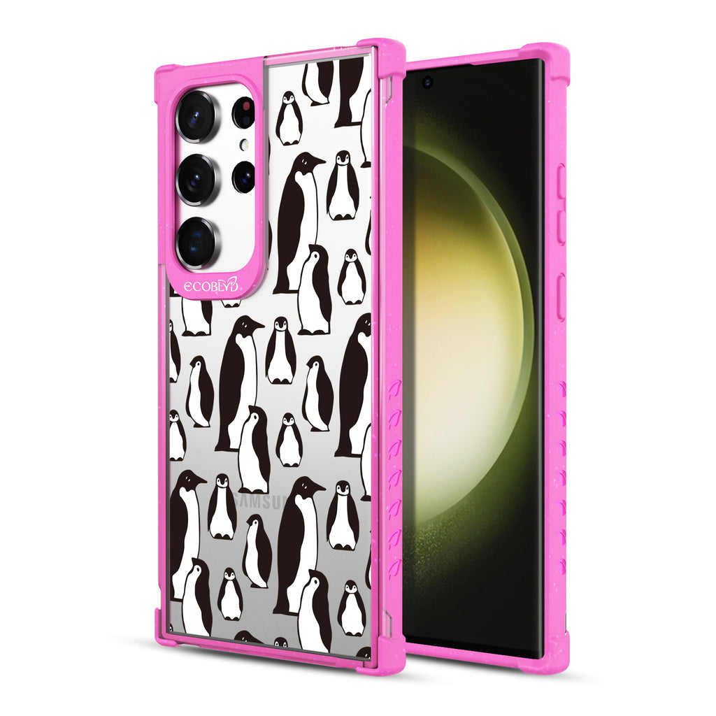 Penguins - Back View Of Pink & Clear Eco-Friendly Galaxy S23 Ultra Case & A Front View Of The Screen
