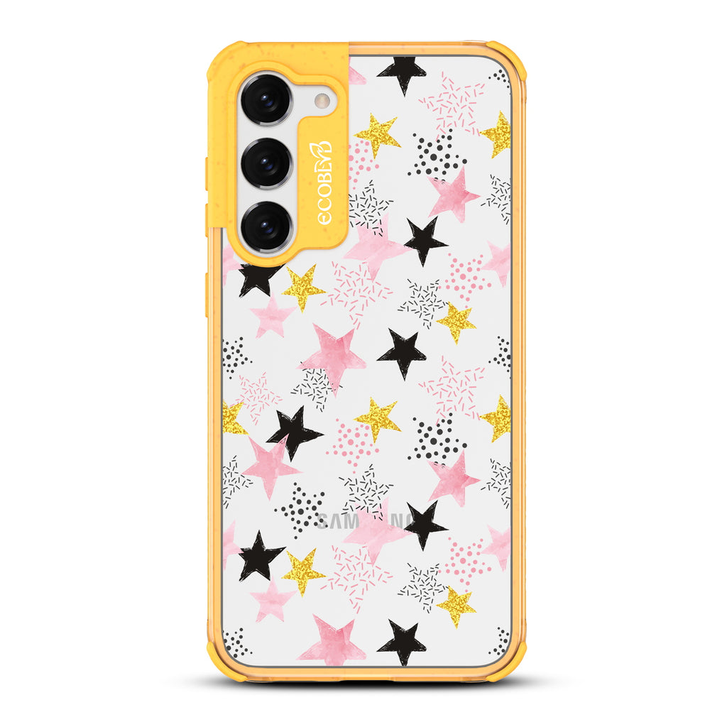 Champagne Supernova - Yellow Eco-Friendly Galaxy S23 Case with Pink & Gold, White Stars and On A Clear Back