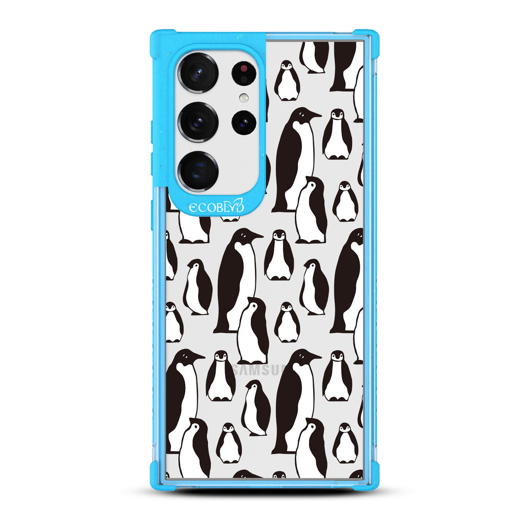 Penguins - Blue Eco-Friendly Galaxy S23 Ultra Case With A Group Of Marching Penguins On A Clear Back