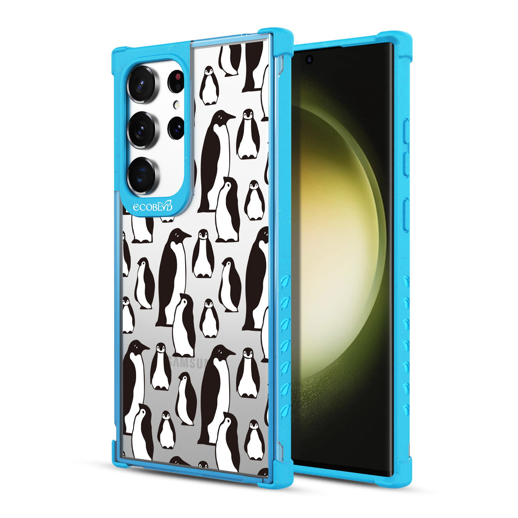 Penguins - Back View Of Blue & Clear Eco-Friendly Galaxy S23 Ultra Case & A Front View Of The Screen