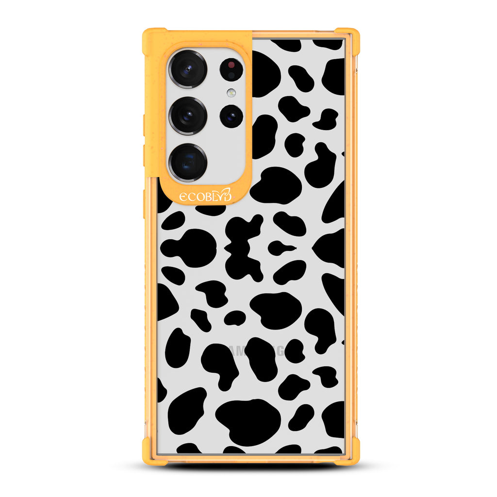 Cow Print - Yellow Eco-Friendly Galaxy S23 Ultra Case with Cow Print On A Clear Back
