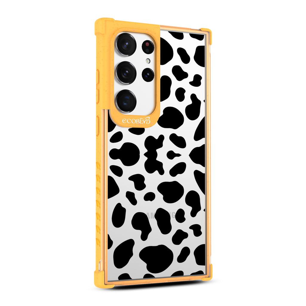 Cow Print - Left-side View Of Yellow & Clear Eco-Friendly Galaxy S23 Ultra Case