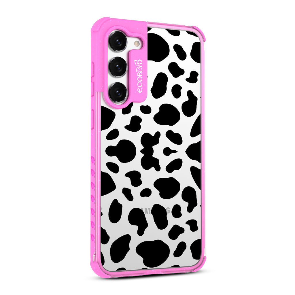 Cow Print - Left-side View Of Pink & Clear Eco-Friendly Galaxy S23 Case