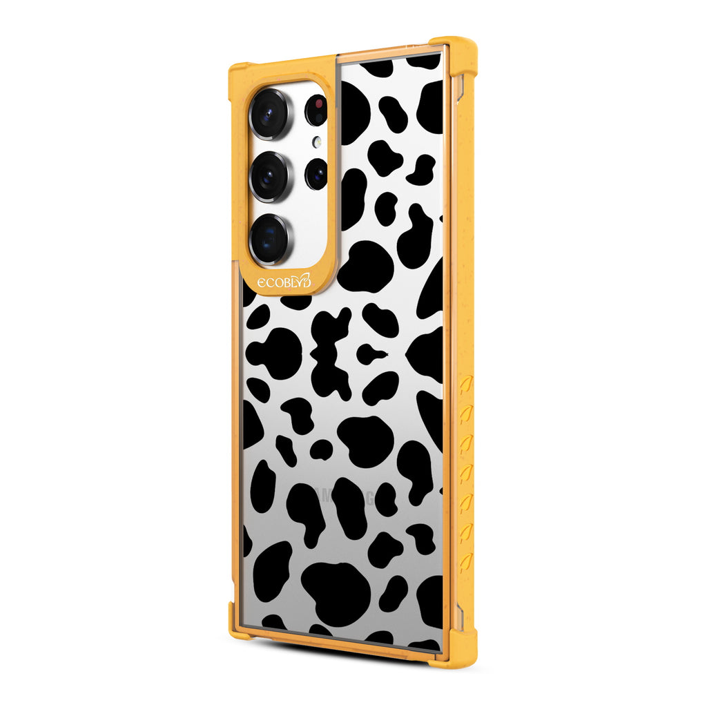 Cow Print - Right-side View Of Yellow & Clear Eco-Friendly Galaxy S23 Ultra Case