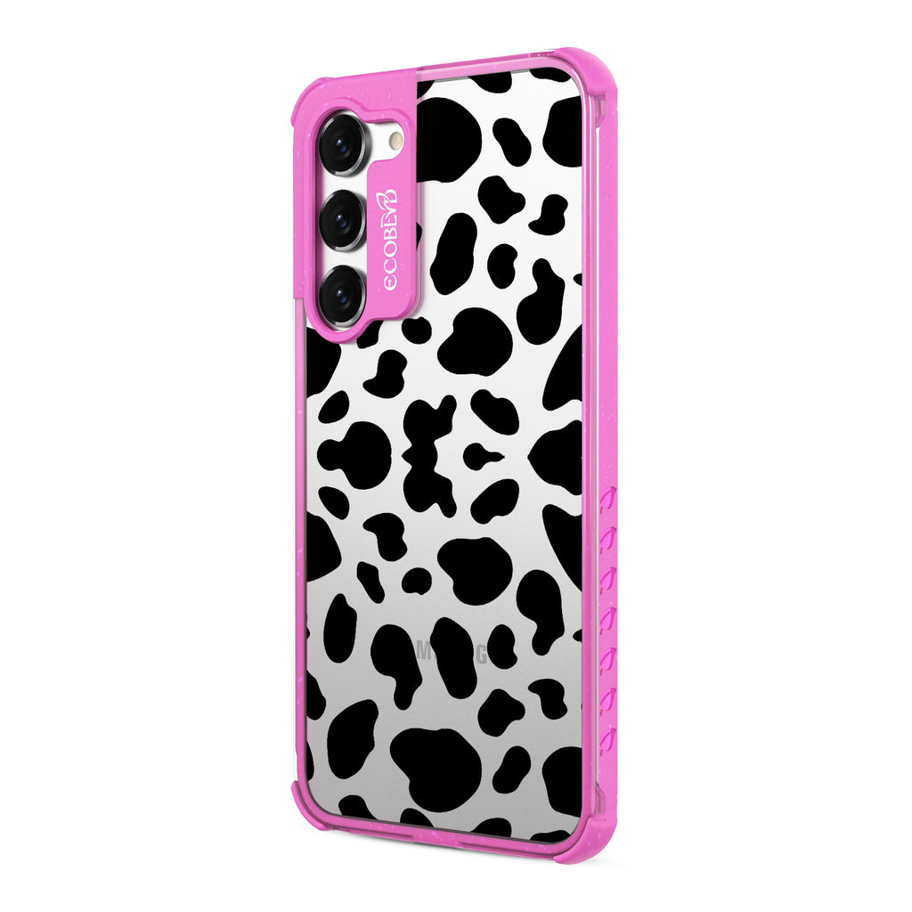 Cow Print - Right-side View Of Pink & Clear Eco-Friendly Galaxy S23 Case
