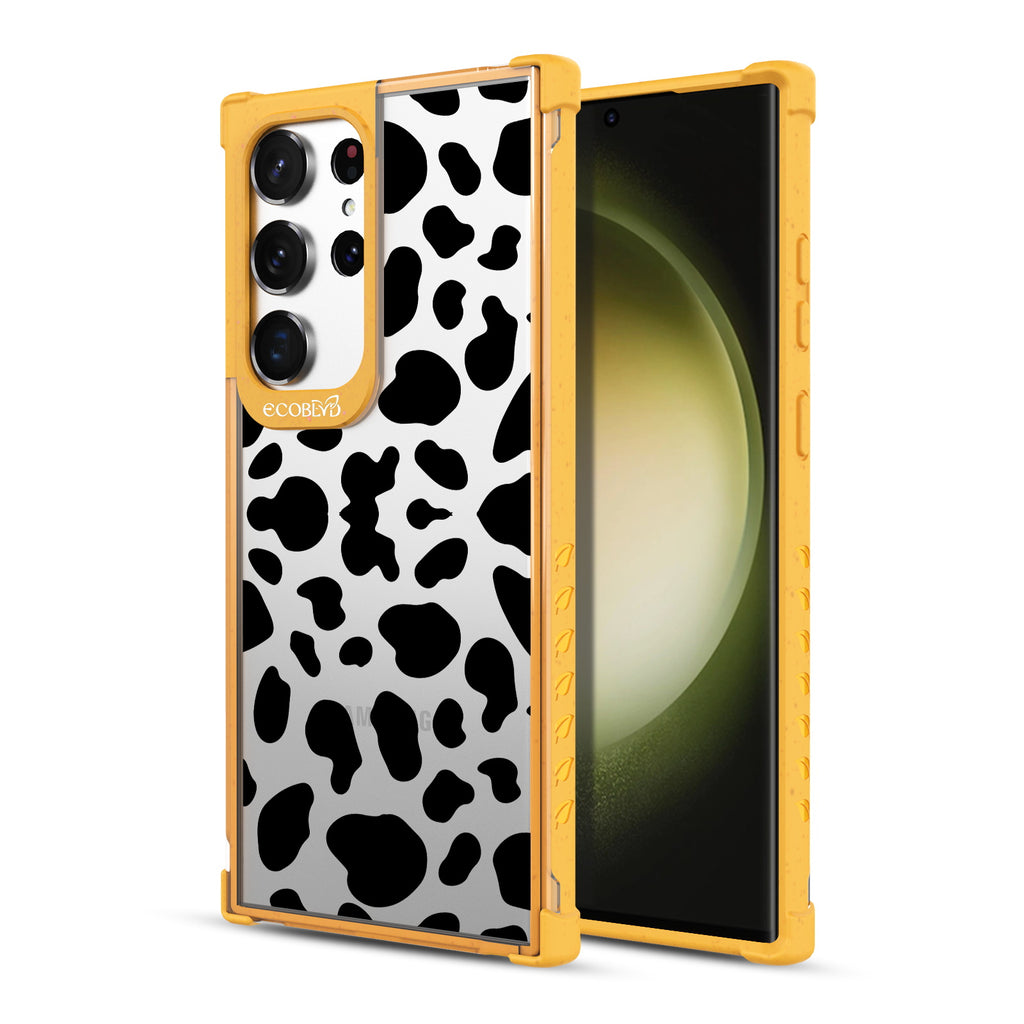 Cow Print - Back View Of Yellow & Clear Eco-Friendly Galaxy S23 Ultra Case & A Front View Of The Screen