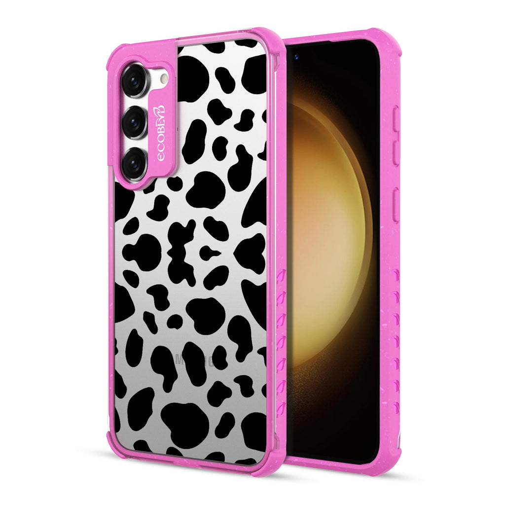 Cow Print - Back View Of Pink & Clear Eco-Friendly Galaxy S23 Plus Case & A Front View Of The Screen
